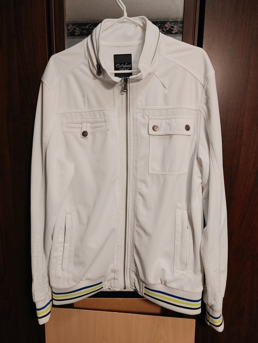 White Men's Bomber Jacket with Blue & Yellow Stripe Trim